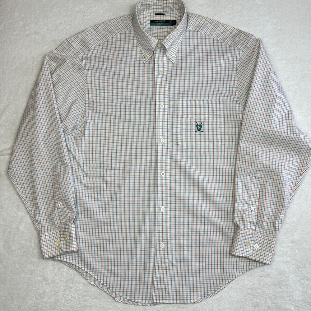 Nautica Golf Mens Medium Button Down Shirt Tattersall Check Plaid Blue Orange M